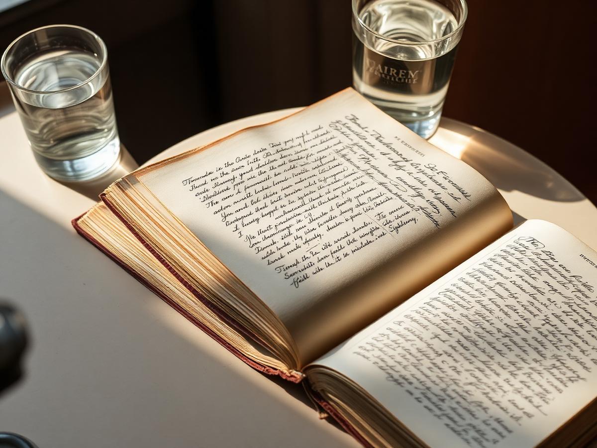 Open books and handwritten notes on a table in warm daylight