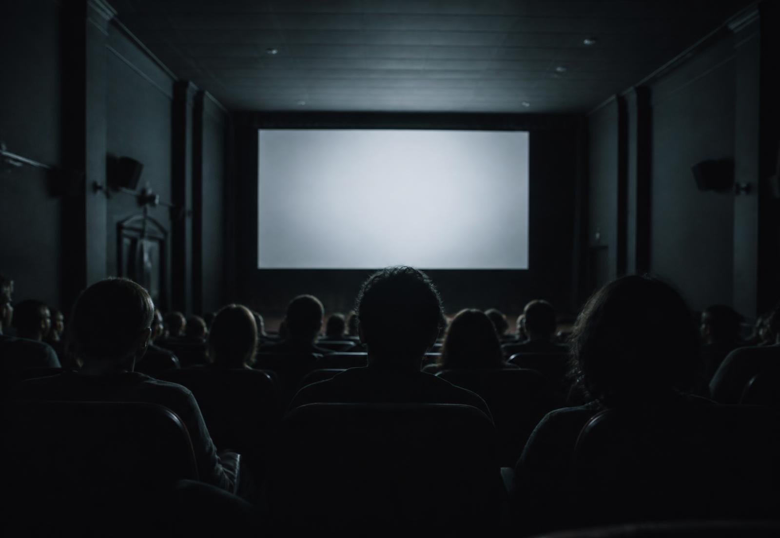 Audience in a darkened cinema facing an illuminated screen