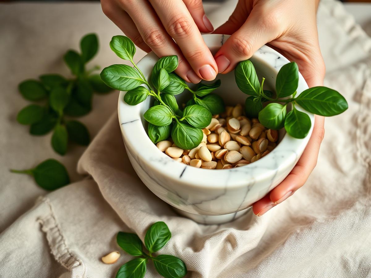 Hands preparing basil and pine nuts in a marble mortar