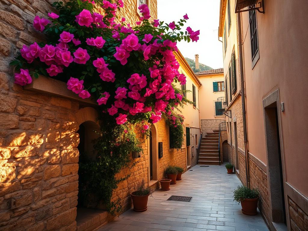 A quiet sunlit lane in a historic Sicilian village with stone walls and bougainvillea