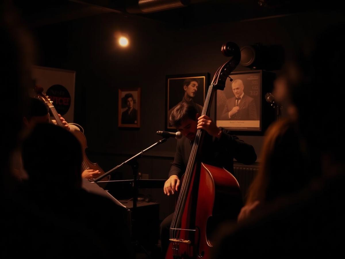 A musician performing with a double bass in an intimate venue