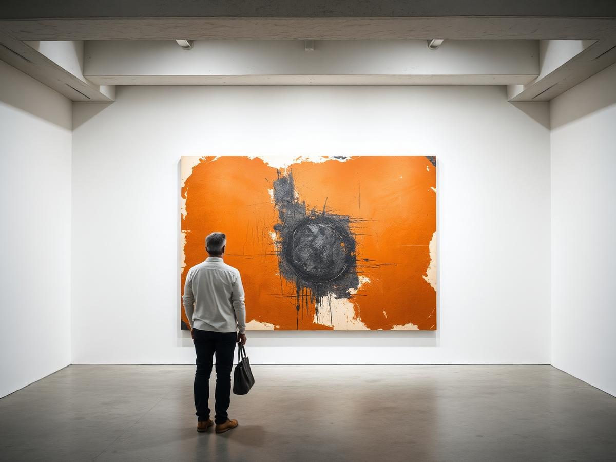 A visitor viewing a large abstract painting in a white gallery